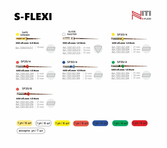 S-flexi (35/04) - файлы для первичного эндодонтического лечения, тип NiTi 21мм (6шт), Geosoft / Россия-Израиль